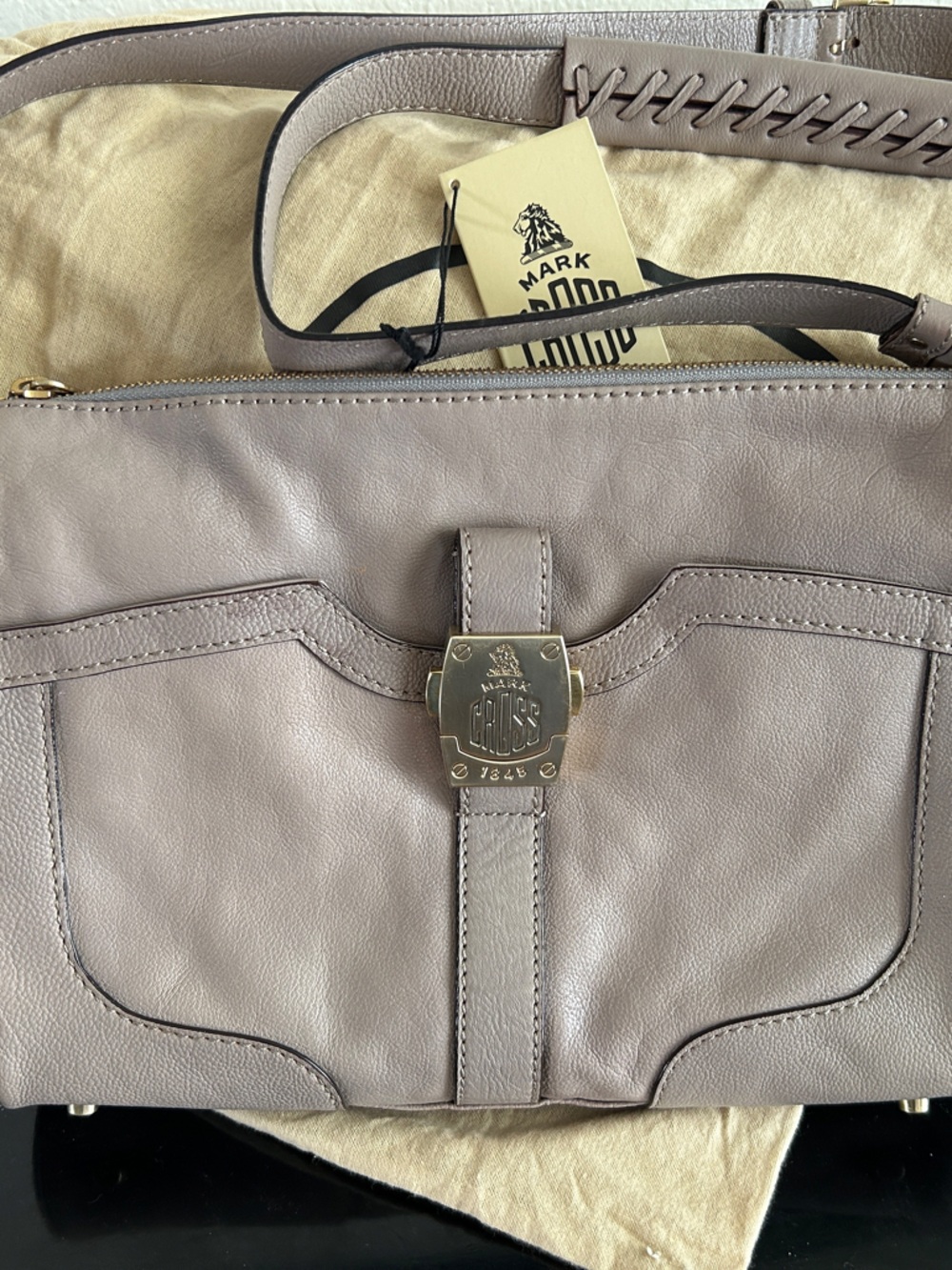 Mark Cross Taupe Leather Shoulder Bag with Gold-Tone Hardware